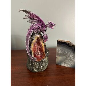 Purple 2 Headed Dragon On Geode Crystal Stone Statue